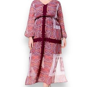 Pink Floral V Neck Long Sleeve Split Side Long Flowing Dress - NEW